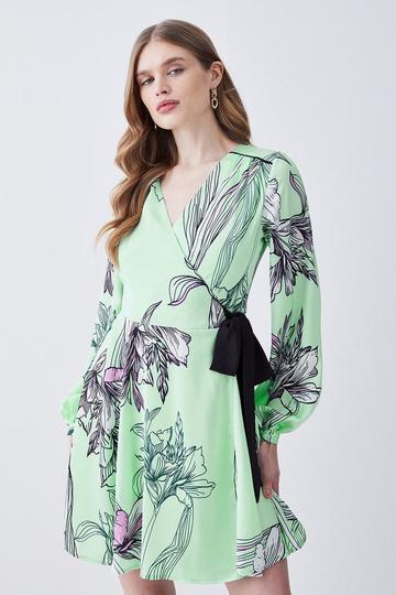 Floral Hammered Satin Woven Wrap Mini Dress green