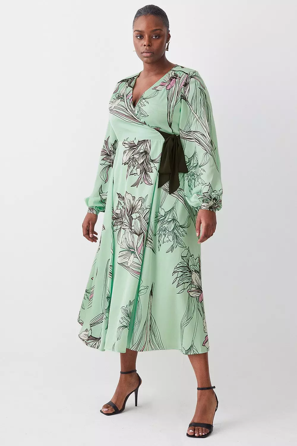 Plus Size Floral Hammered Satin Woven Wrap Midi Dress | Karen Millen