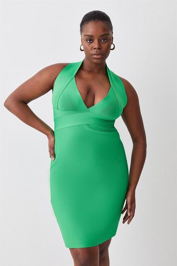 Plus Size Halter Neck Bandage Deep V Mini Dress green