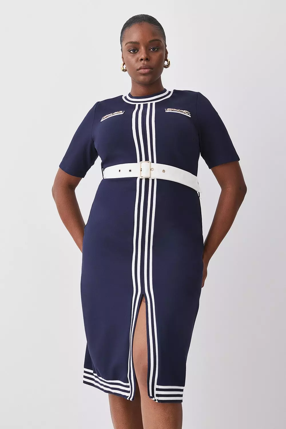 Plus Size Short Sleeve Contrast Belted Short Sleeve Midi Dress