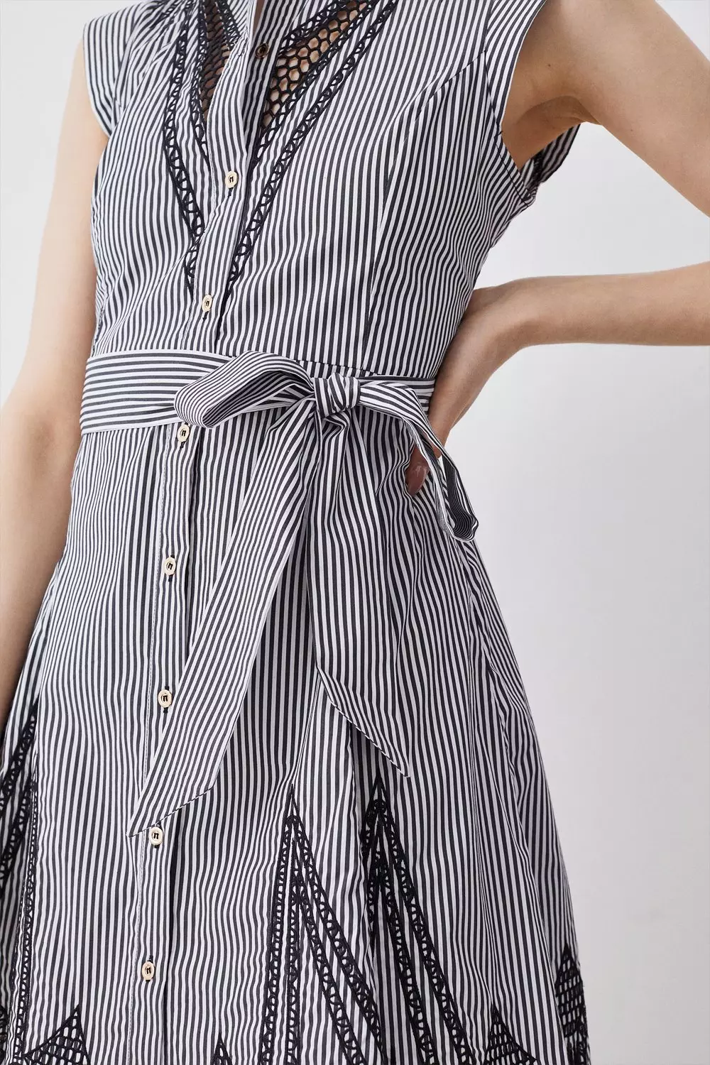 Striped Cotton Cutwork Mini Shirt Dress Karen Millen