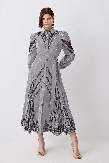 Striped Cotton Cutwork Midi Shirt Dress mono