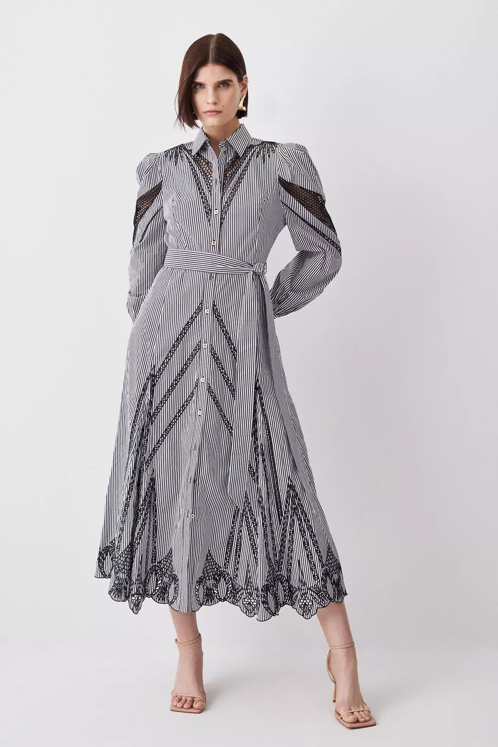 Striped Cotton Cutwork Midi Shirt Dress