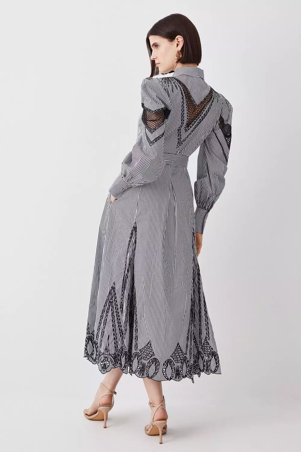 Striped Cotton Cutwork Midi Shirt Dress | Karen Millen