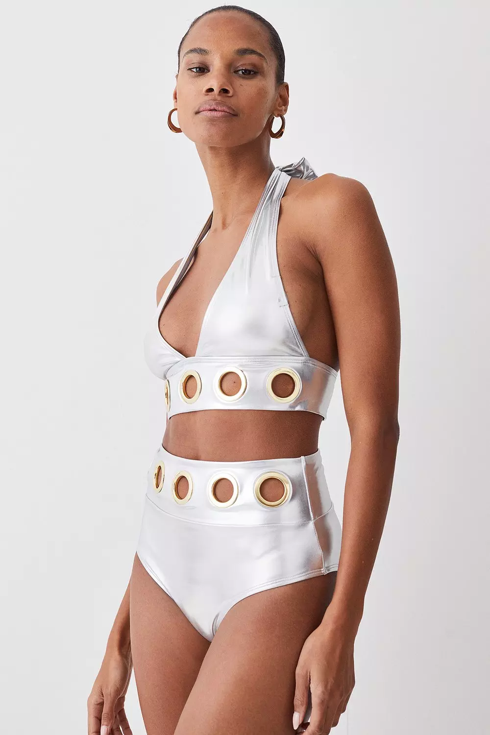 Silver Lame Eyelet Detail Bikini Set Karen Millen