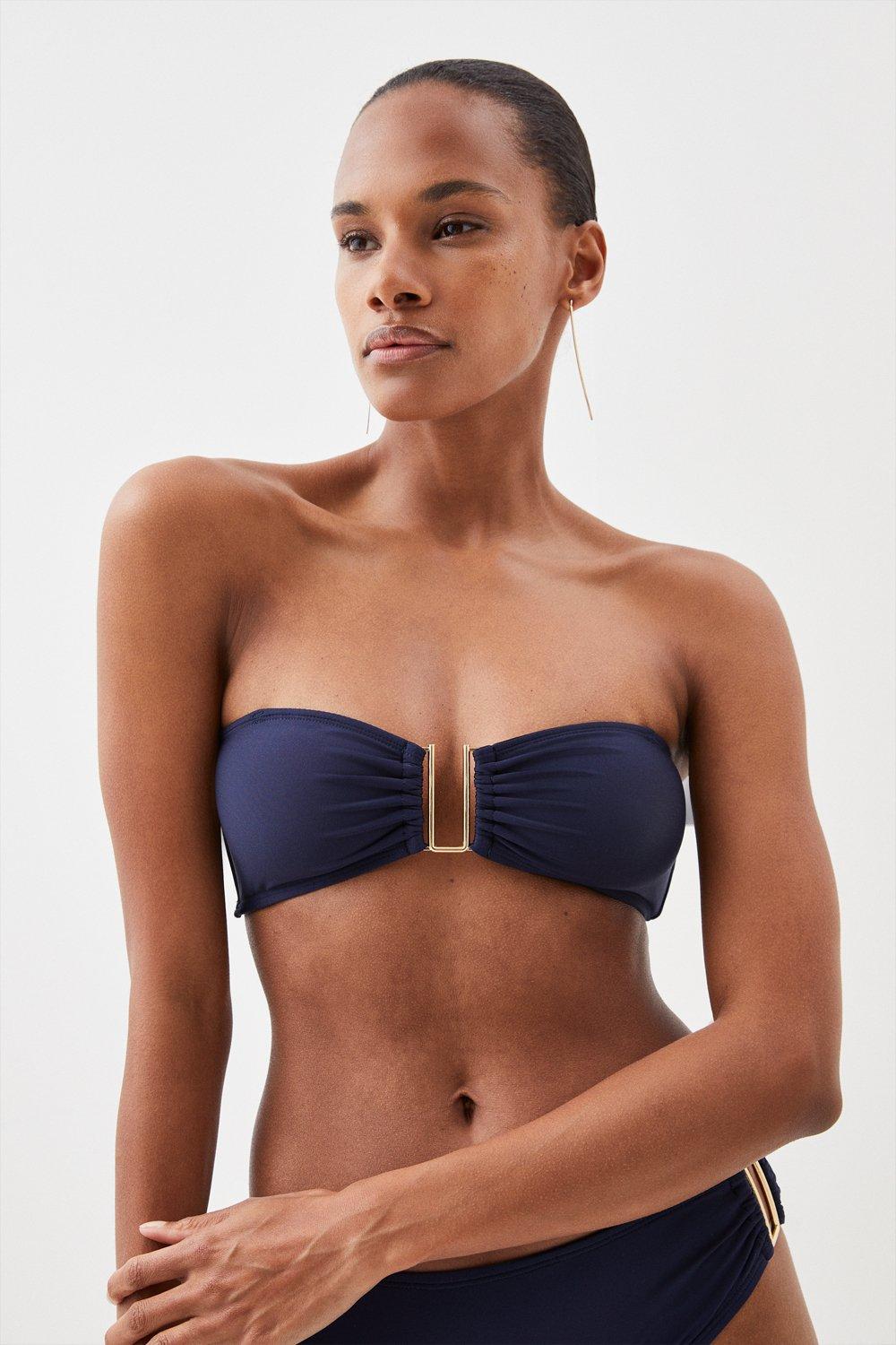 Detachable Strap Gold Trim Bikini Top - Navy