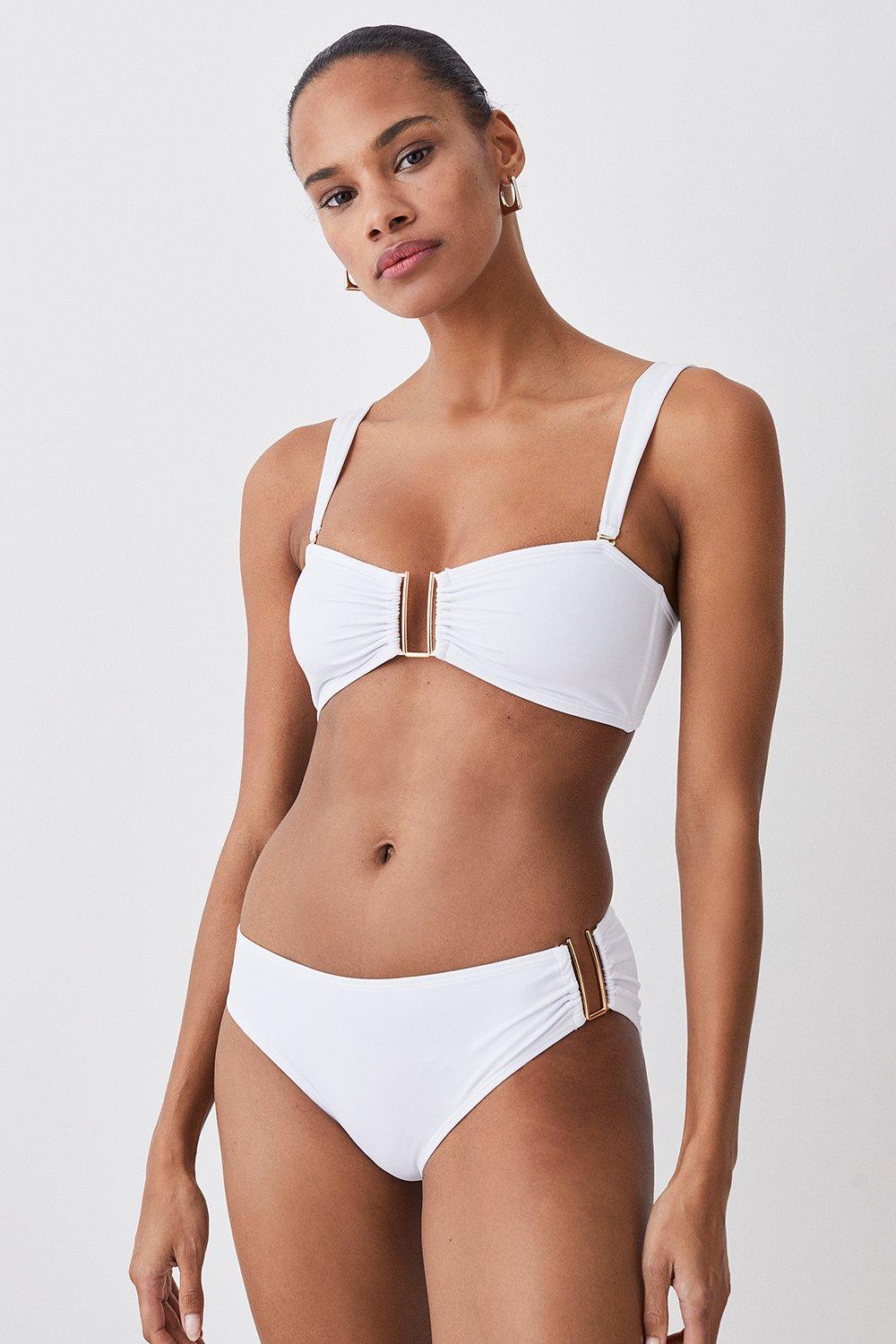 Detachable Strap Gold Trim Bikini Top - White