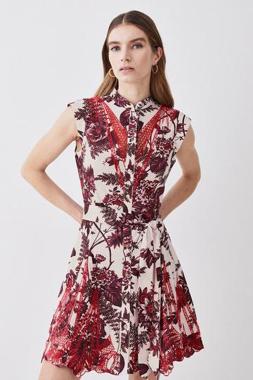Multi Floral Cotton Cutwork And Print Mini Shirt Dress