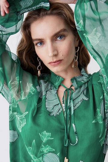 Green Floral Bloom Shirred Detail Woven Blouse
