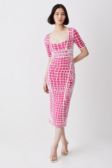 Pink Abstract Jacquard Half Sleeve Knitted Midi Dress
