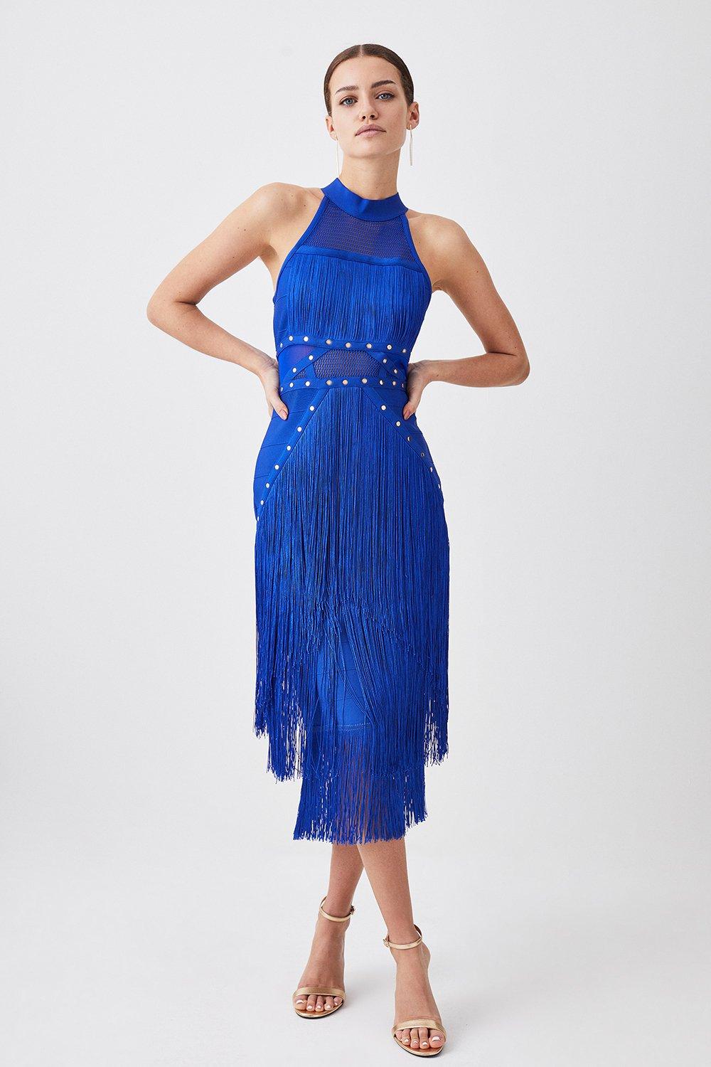 Destiny Calling Electric Blue Bandage Mesh Cut Out Midi Dress with