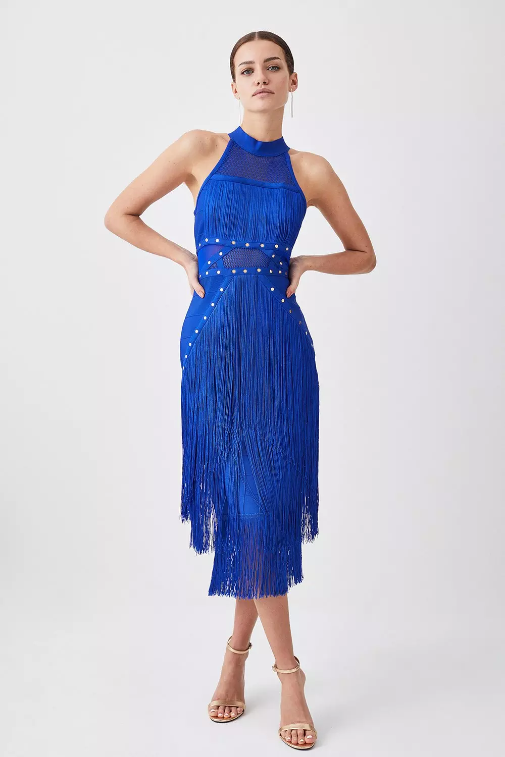 Fringed recycled-bandage gown