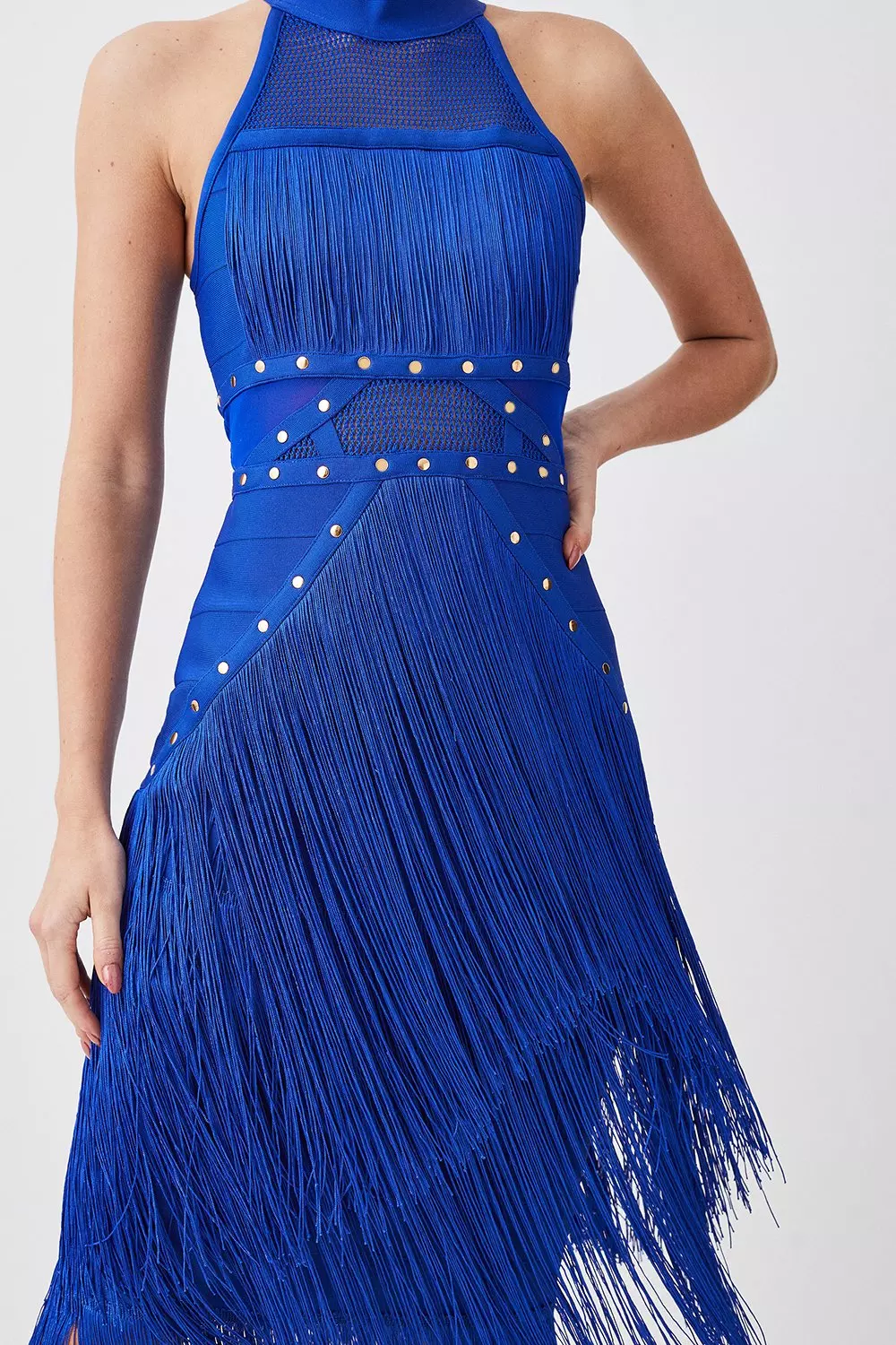 Studded Fringe Mesh Insert Knit Halterneck Bandage Midi Dress | Karen Millen