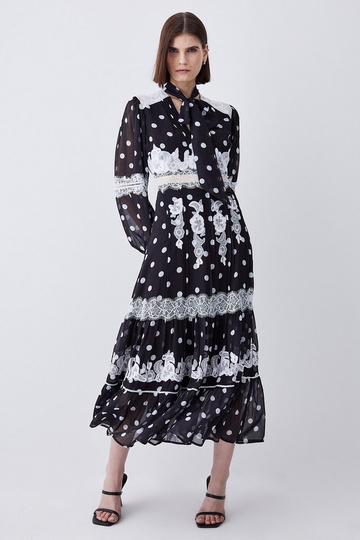 Black Polka Dot Mix Lace & Embroidery Maxi Dress