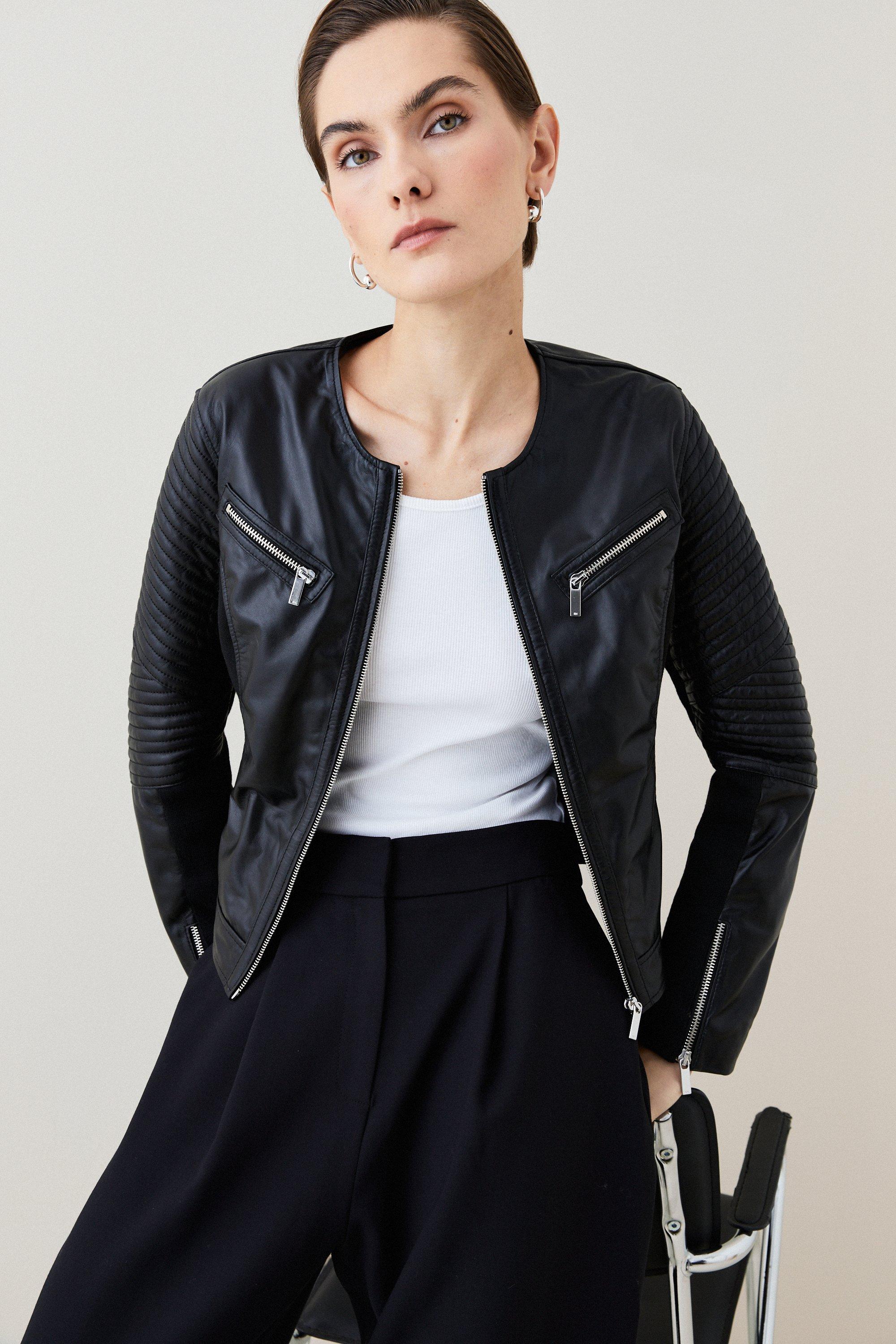 Leather And Ponte Collarless Moto Jacket | Karen Millen