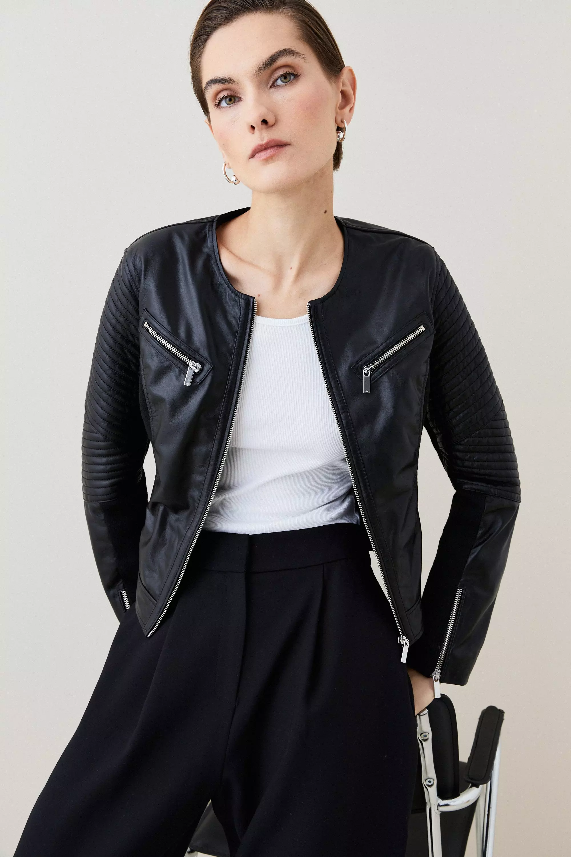 Collarless faux sale leather biker jacket