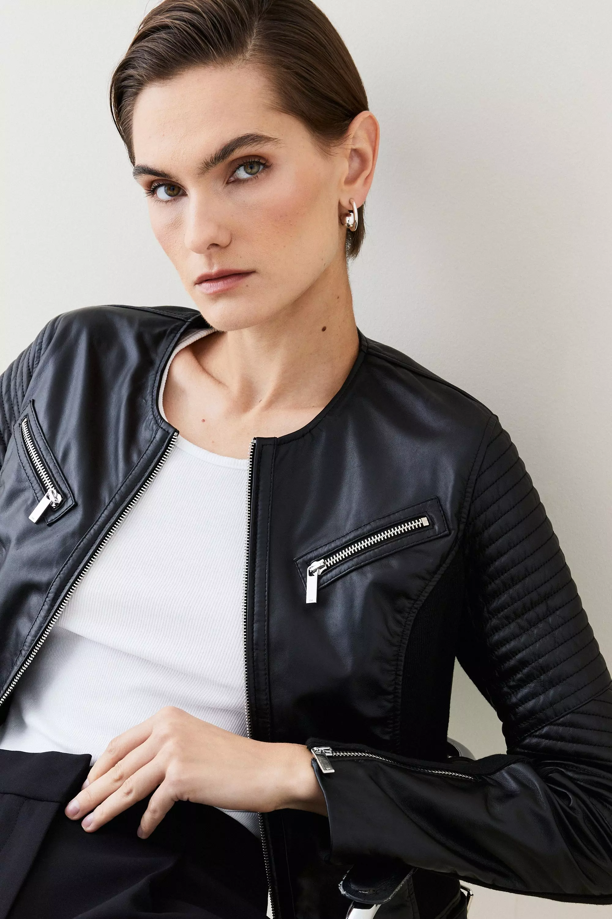 Karen millen outlet collarless leather jacket