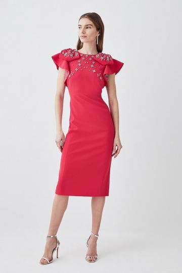 Pink Embellished Stretch Woven Midi Dress