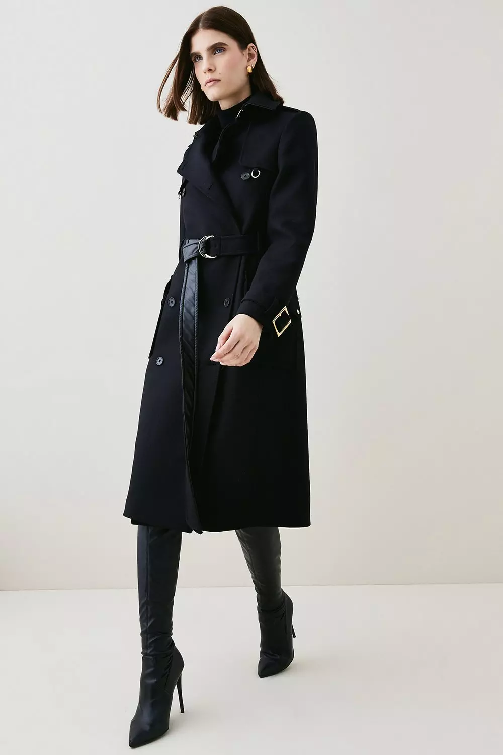 Italian Wool Buckle Detail Belted Trench Coat | Karen Millen