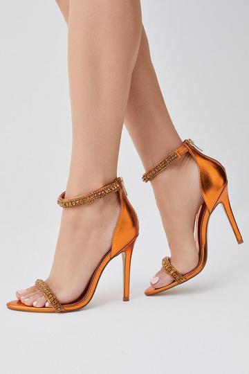Metallic Double Diamante Strap Stiletto Heel orange