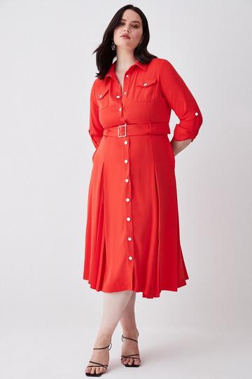 Red Plus Size Soft Tailored Pleat Panel Sleeved Belted Midi Dress