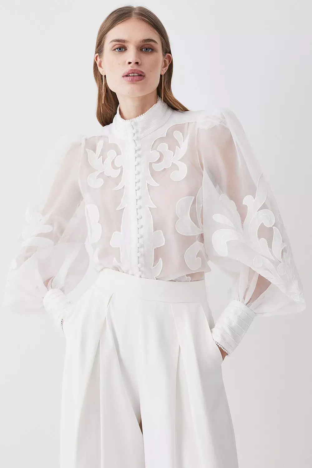 Organdie Applique Buttoned Woven Blouse