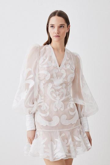White Applique Organdie Buttoned Woven Mini Dress