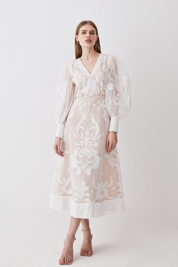 White Applique Organdie Buttoned Woven Maxi Dress