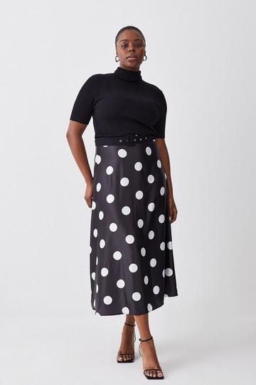 Plus Size Polka Dot Printed Satin Skirt Half Sleeve Rib Knit Midi Dress mono