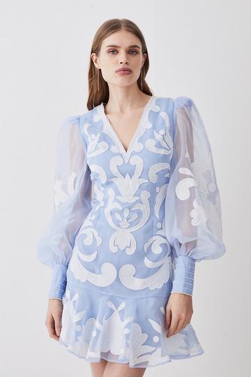 Blue Applique Organdie Buttoned Woven Mini Dress