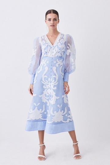 Blue Tall Applique Organdie Buttoned Woven Maxi Dress