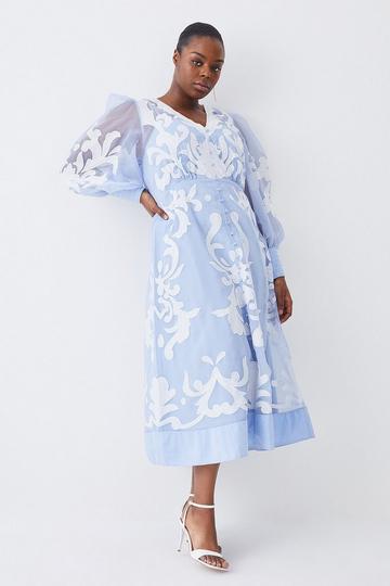 Plus Size Applique Organdie Buttoned Woven Maxi Dress baby blue