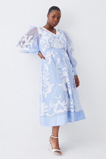 Blue Plus Size Applique Organdie Buttoned Woven Maxi Dress