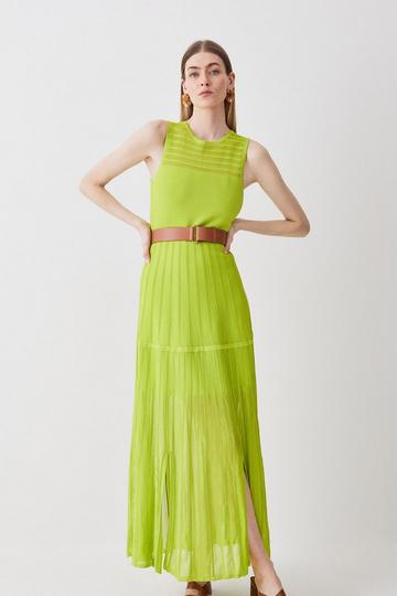 Sleeveless Belted Contrast Stitch Knit Maxi Dress lime
