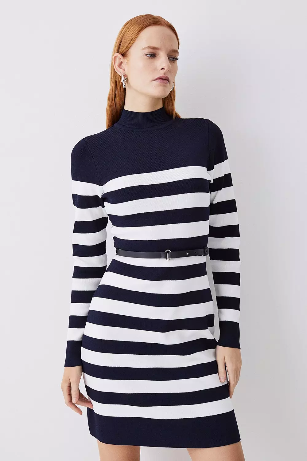 Stripe Rib Knit Belted Mini Dress Karen Millen