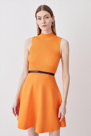 Orange Sleeveless Rib Knitted Skater Mini Dress