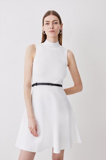 White Sleeveless Rib Knitted Skater Mini Dress