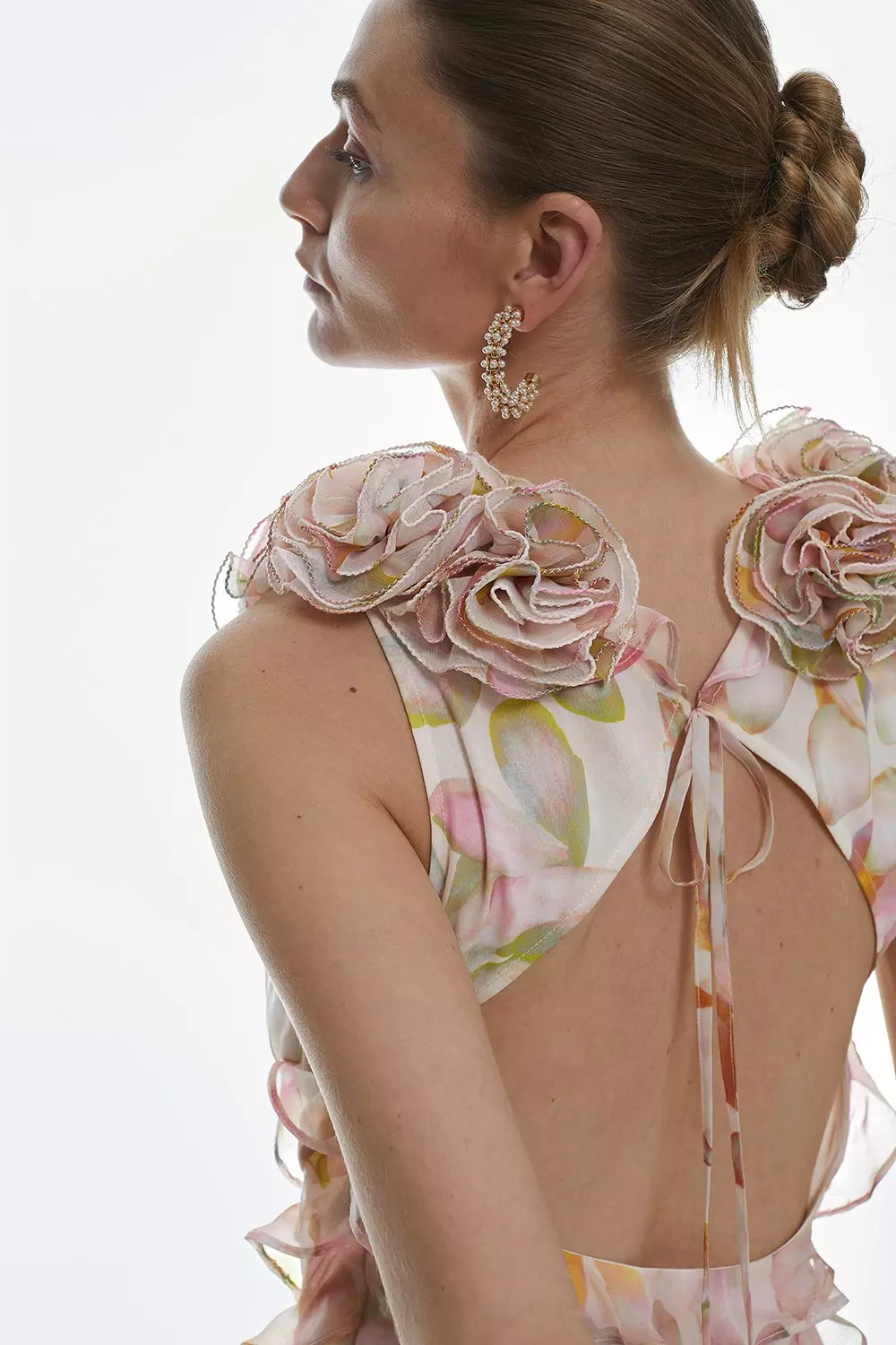 Floral Chiffon Corsage Ruffle Slip Maxi Dress