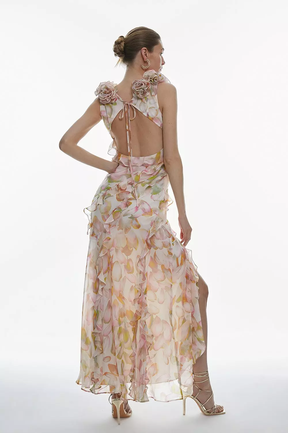 Floral Chiffon Corsage Ruffle Slip Maxi Dress | Karen Millen