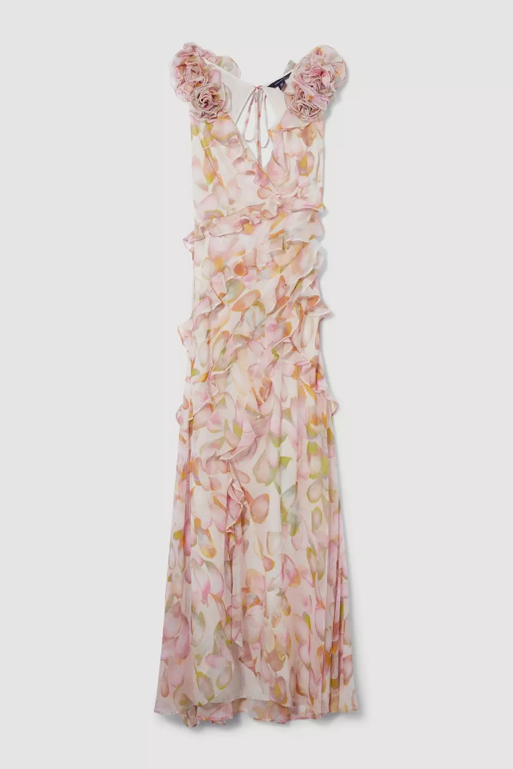 Floral Chiffon Corsage Ruffle Slip Maxi Dress