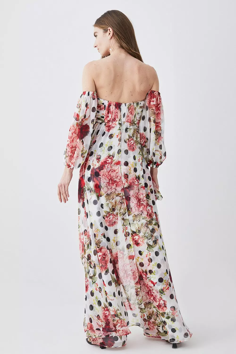 Spot Floral Chiffon Off The Shoulder Wide Leg Jumpsuit | Karen Millen