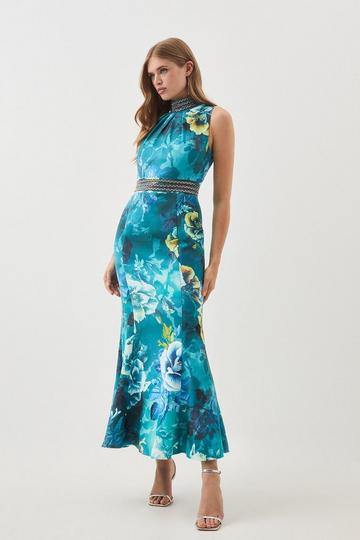 Blue Diamante Trim Palm Floral Woven Midi Dress