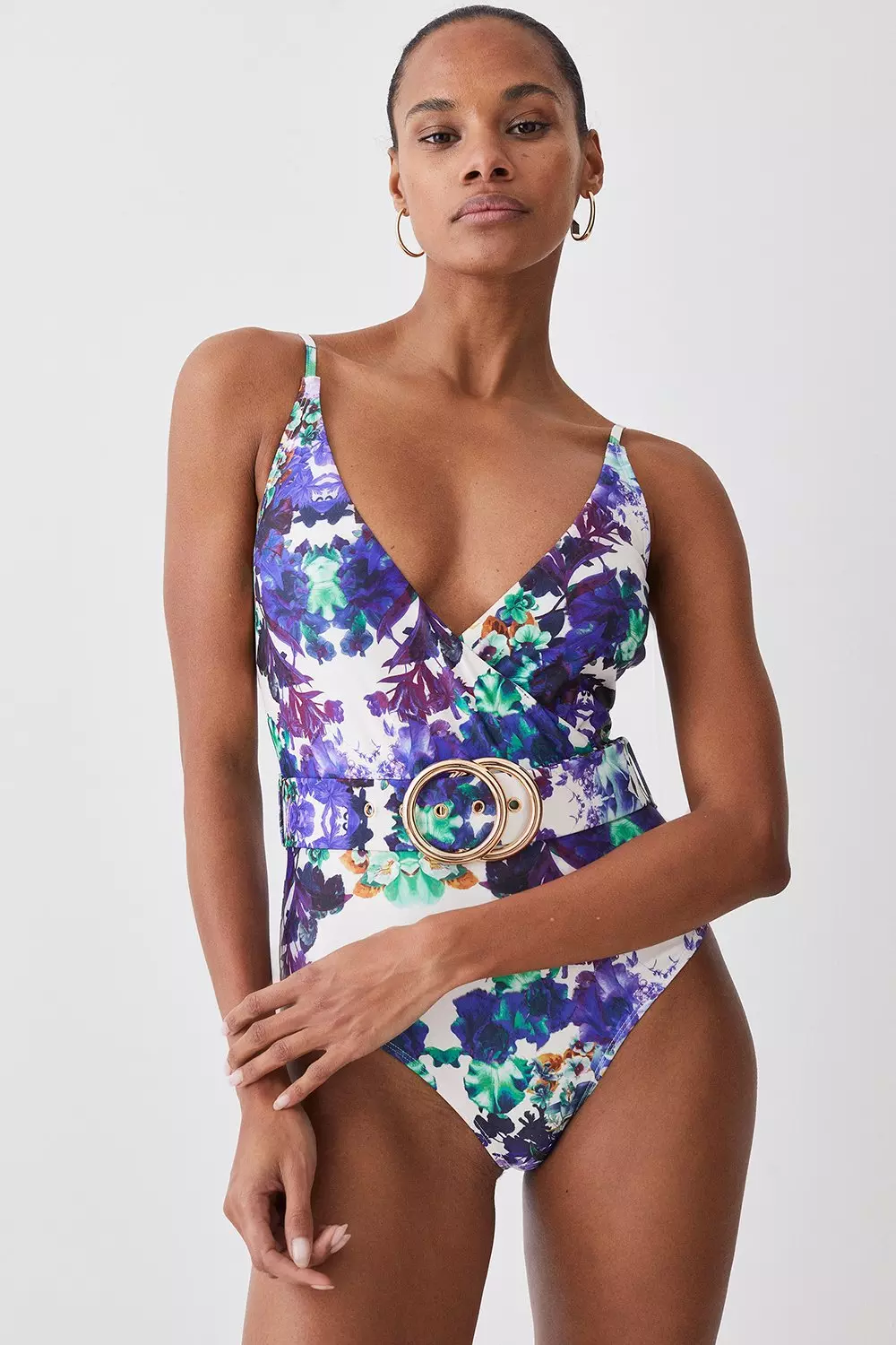 Mirror Floral Wrap Front Belted Swimsuit