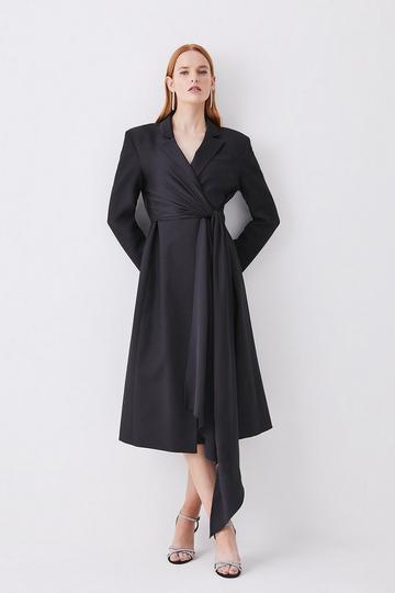 Black Tailored Wrap Belted Midi Dress