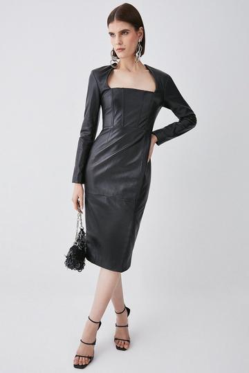 Black Leather Corset Detail Sleeved Midi Pencil Dress