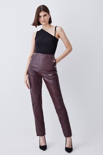 Leather Button Pocket Detail Zip Hem Slim Leg burgundy