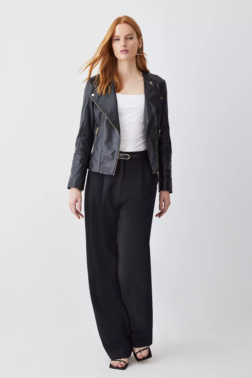 Leather Asymmetric Zip Through Collarless Moto Jacket