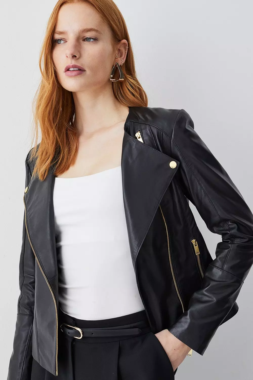 Leather Asymmetric Zip Through Collarless Moto Jacket Karen Millen