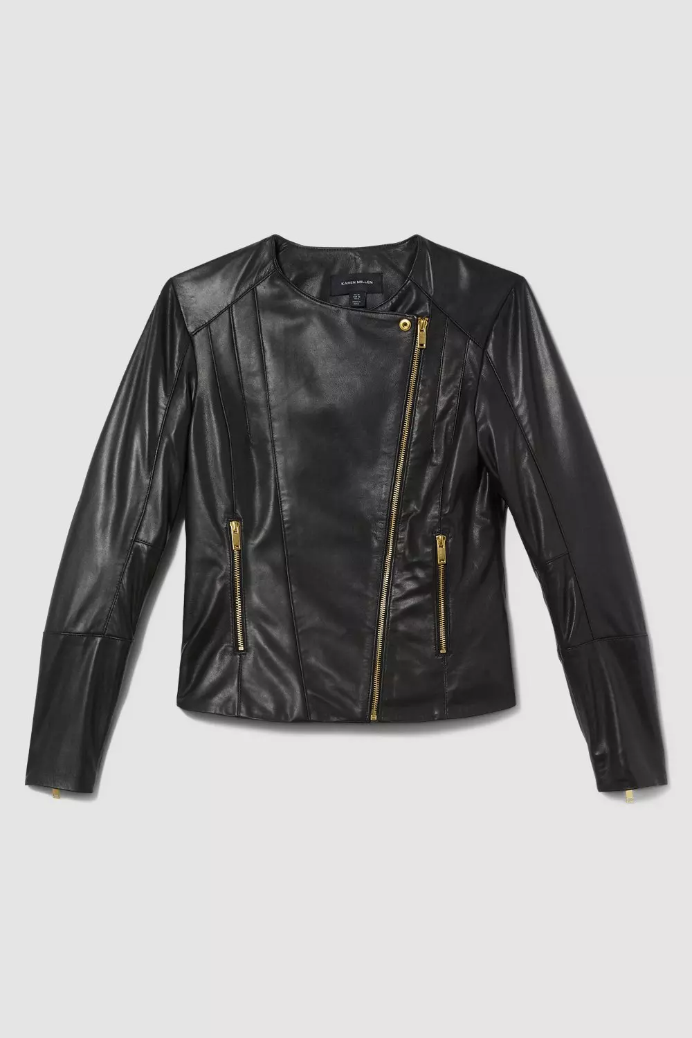 Leather Asymmetric Zip Through Collarless Moto Jacket