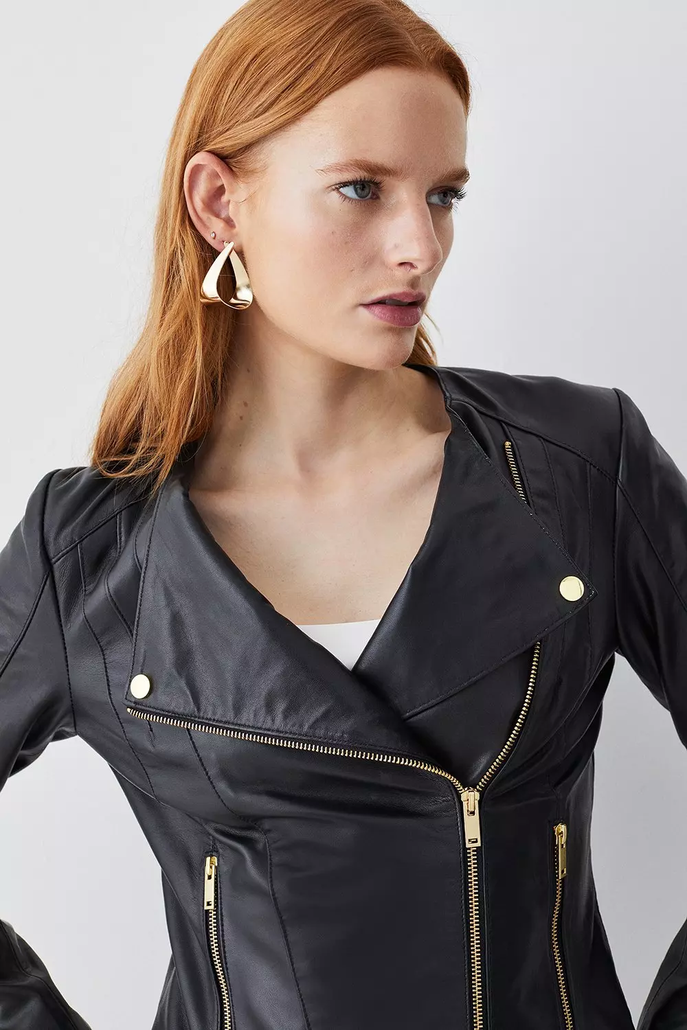 Leather Asymmetric Zip Through Collarless Moto Jacket Karen Millen